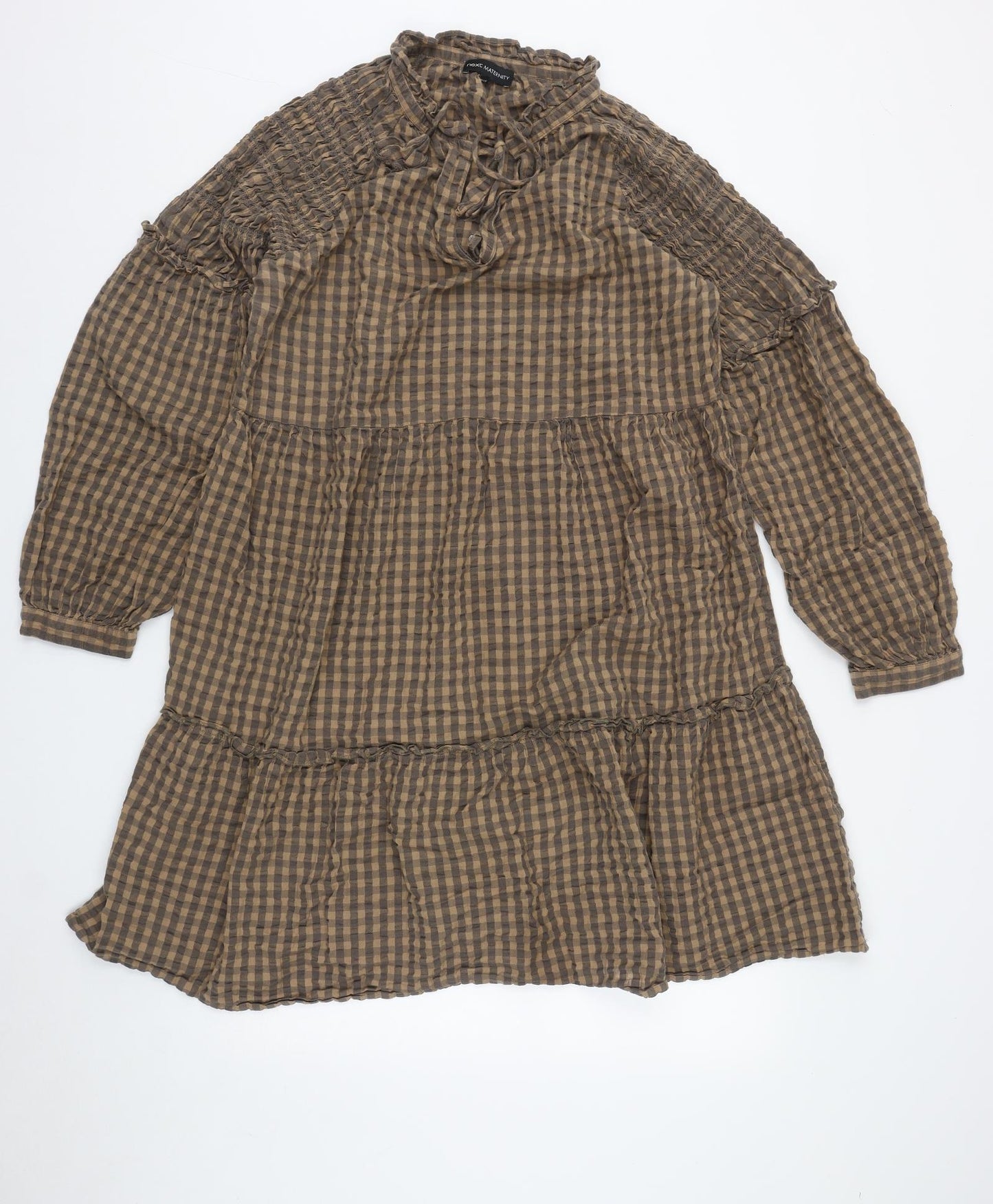 NEXT Womens Brown Plaid Cotton Fit & Flare  Size 16  V-Neck Tie