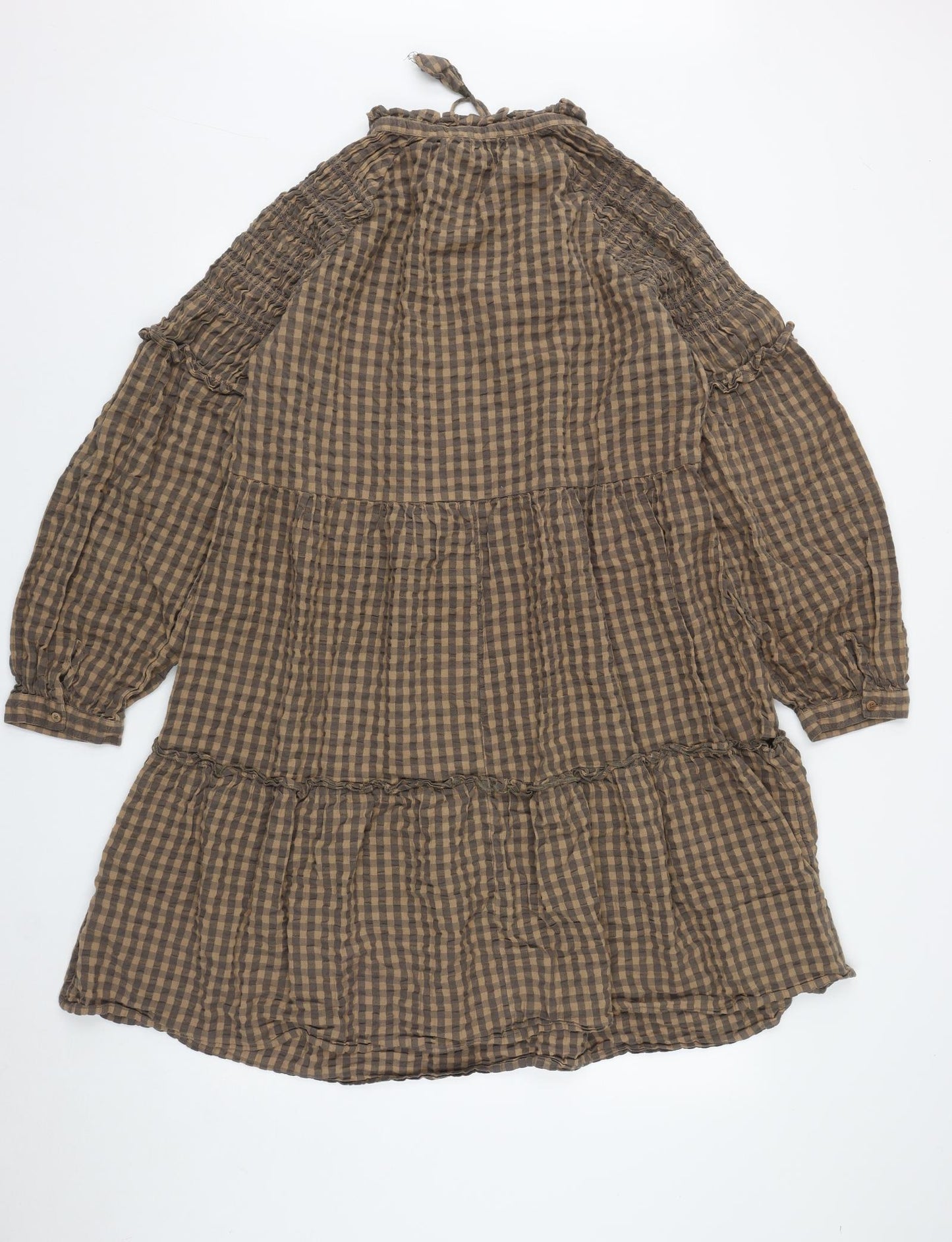 NEXT Womens Brown Plaid Cotton Fit & Flare  Size 16  V-Neck Tie