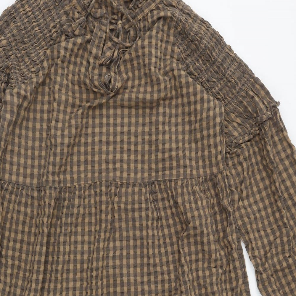 NEXT Womens Brown Plaid Cotton Fit & Flare  Size 16  V-Neck Tie
