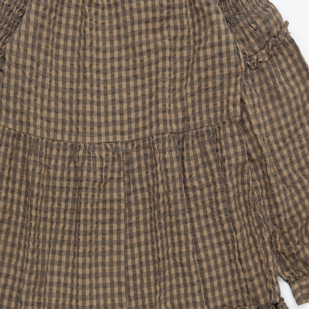 NEXT Womens Brown Plaid Cotton Fit & Flare  Size 16  V-Neck Tie