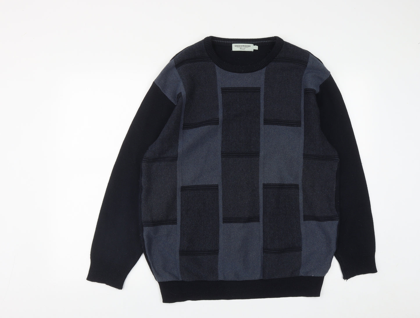 Greenwoods Mens Blue Round Neck Plaid Acrylic Pullover Jumper Size L