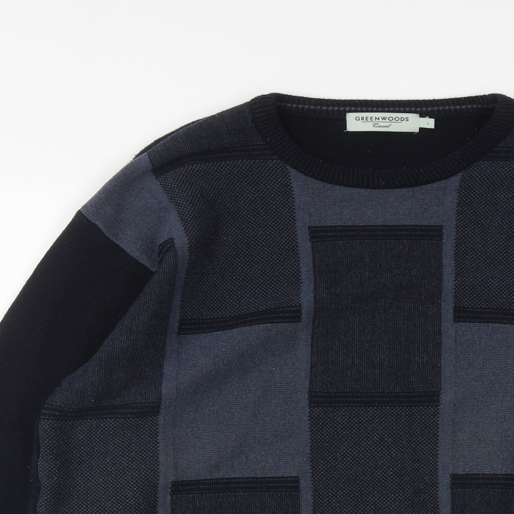 Greenwoods Mens Blue Round Neck Plaid Acrylic Pullover Jumper Size L