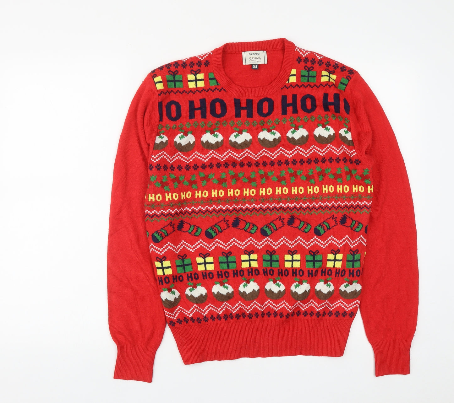 George Mens Red Round Neck Geometric Acrylic Pullover Jumper Size XS   - Christmas Jumper