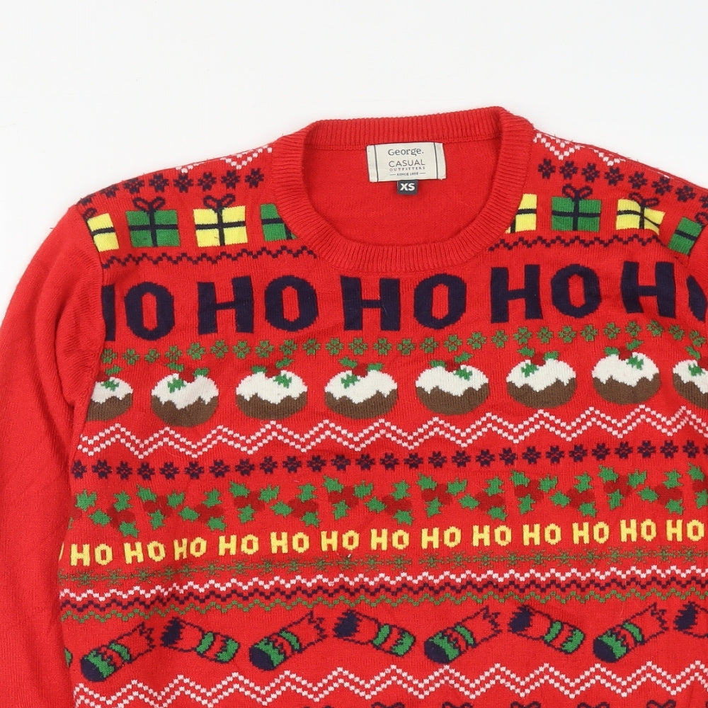 George Mens Red Round Neck Geometric Acrylic Pullover Jumper Size XS   - Christmas Jumper