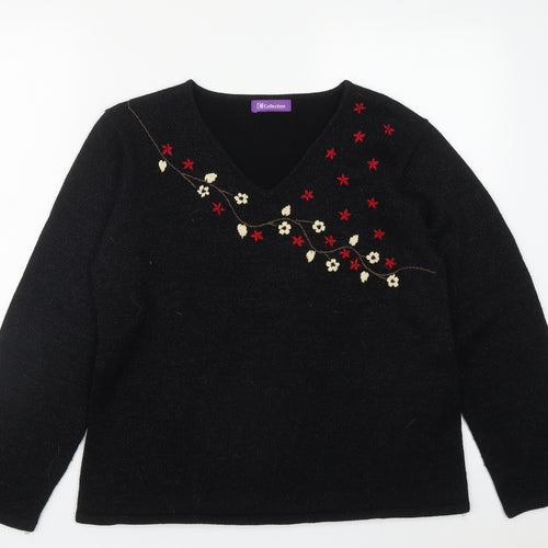Collection Womens Black V-Neck Floral Acrylic Pullover Jumper Size 14