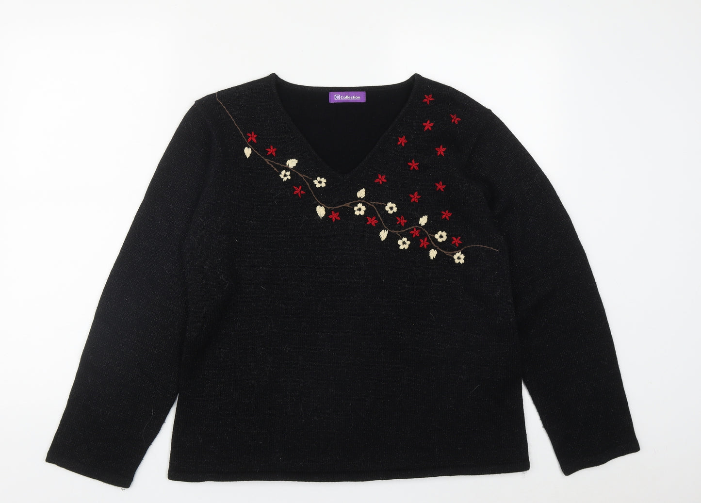 Collection Womens Black V-Neck Floral Acrylic Pullover Jumper Size 14