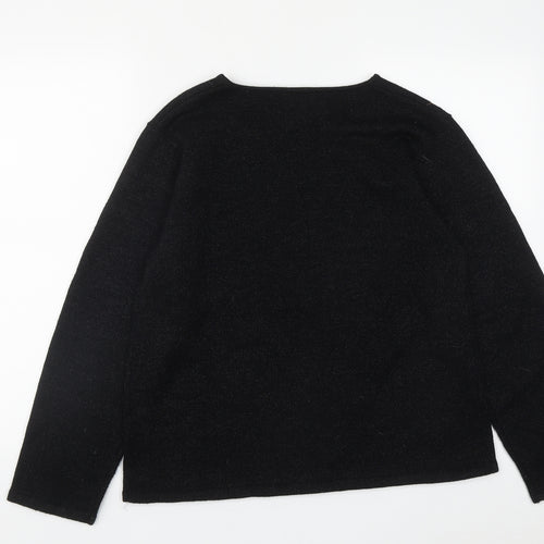 Collection Womens Black V-Neck Floral Acrylic Pullover Jumper Size 14
