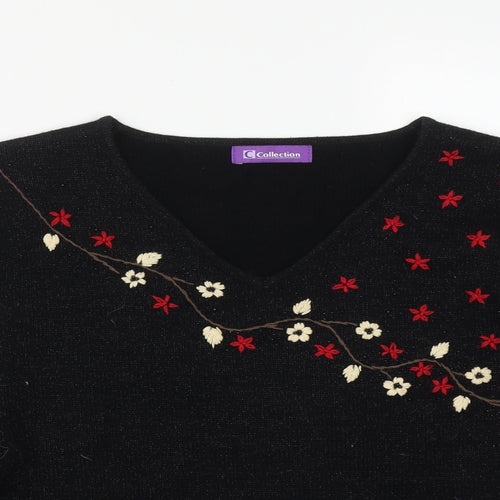 Collection Womens Black V-Neck Floral Acrylic Pullover Jumper Size 14