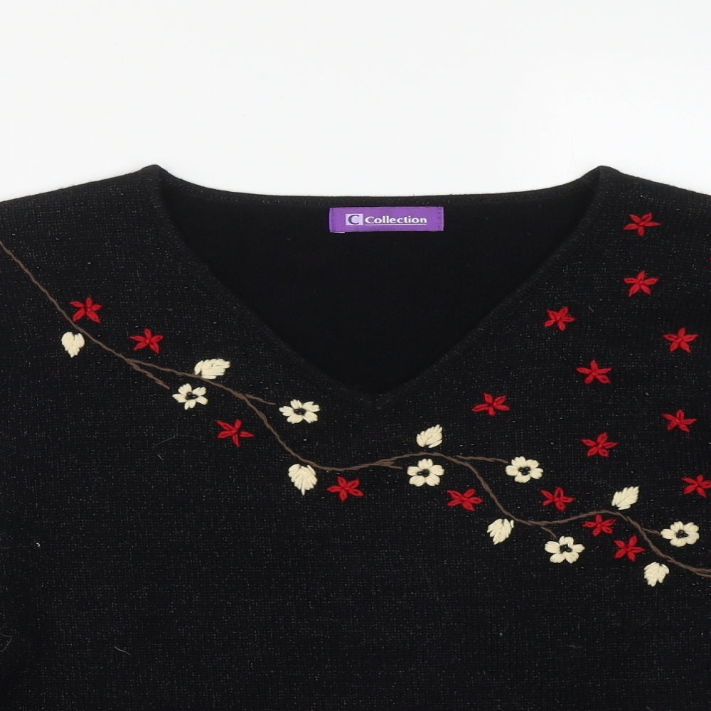 Collection Womens Black V-Neck Floral Acrylic Pullover Jumper Size 14