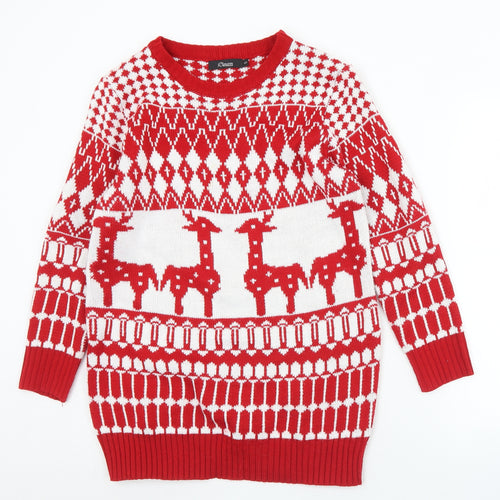 iclosam Womens Red Crew Neck Geometric Acrylic Pullover Jumper Size S