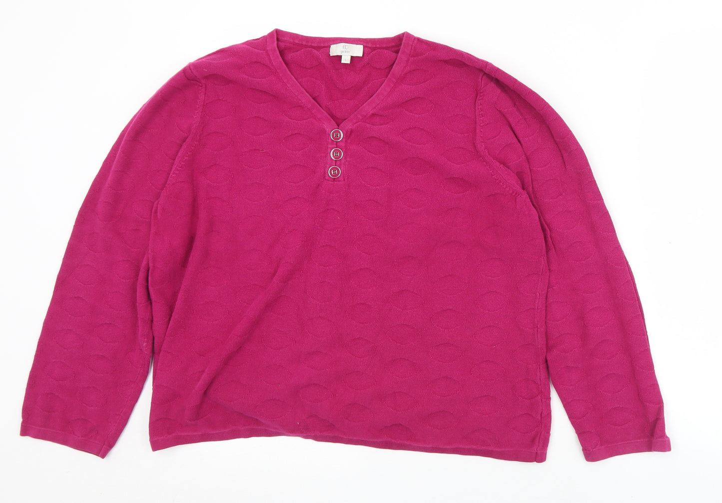 CC Petite Womens Pink V-Neck Geometric Cotton Pullover Jumper Size L