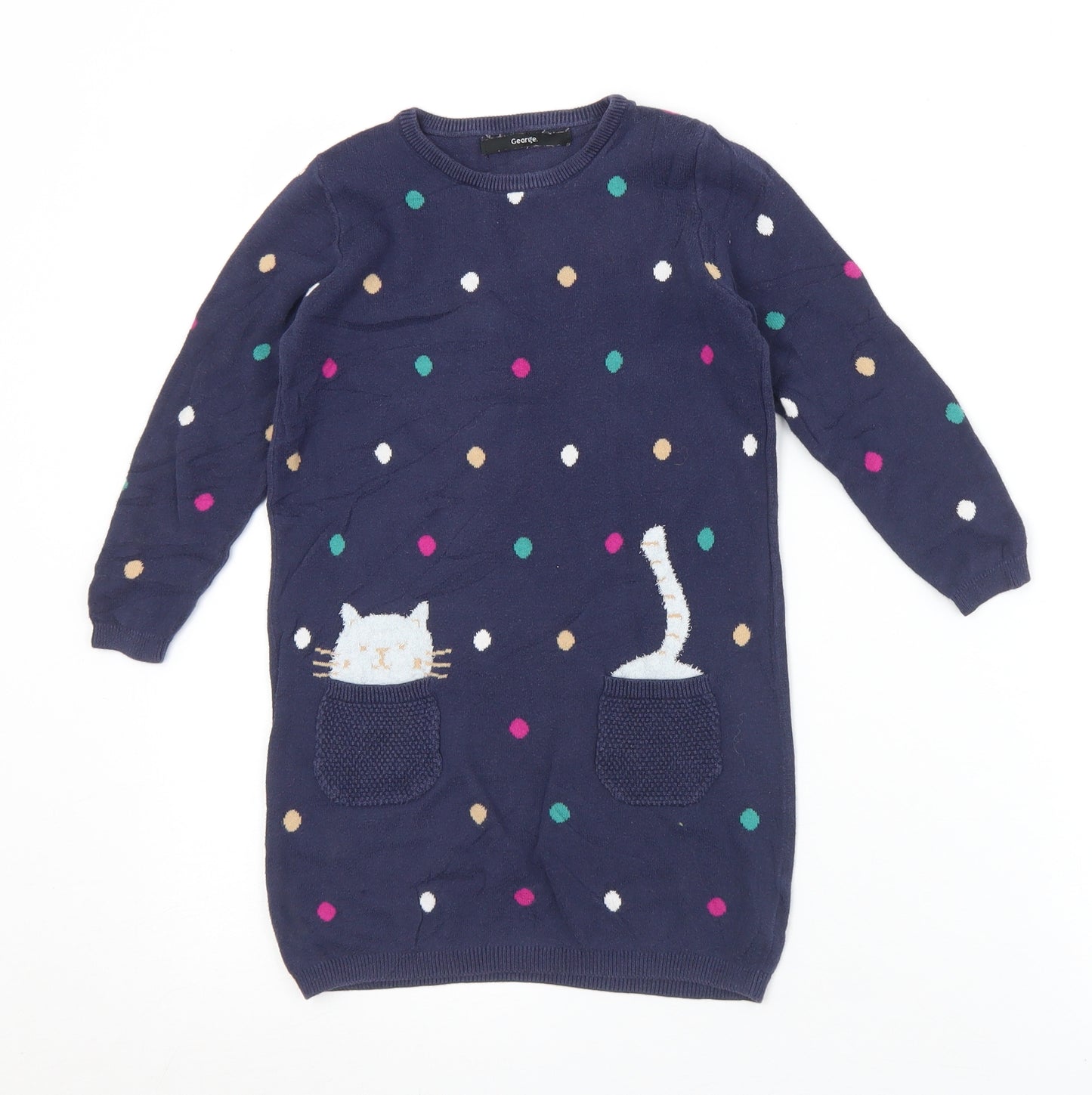George Girls Blue Polka Dot Cotton Jumper Dress  Size 4-5 Years  Crew Neck  - Cat