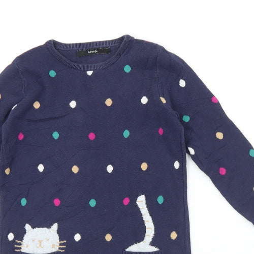 George Girls Blue Polka Dot Cotton Jumper Dress  Size 4-5 Years  Crew Neck  - Cat