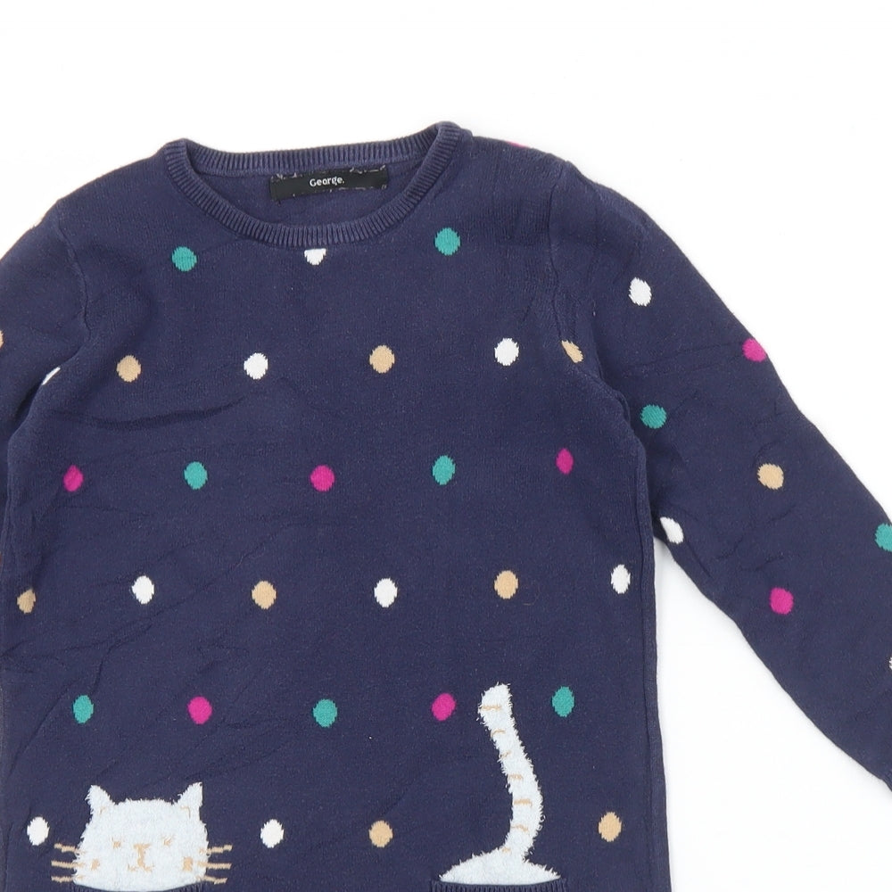 George Girls Blue Polka Dot Cotton Jumper Dress  Size 4-5 Years  Crew Neck  - Cat