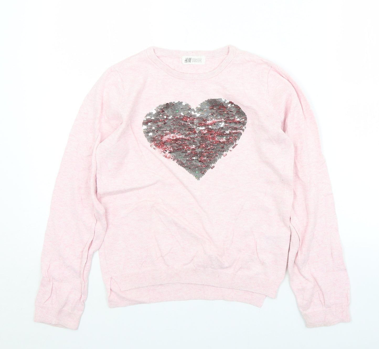 H&M Girls Pink Crew Neck  Cotton Pullover Jumper Size 9-10 Years   - Heart. Sequins