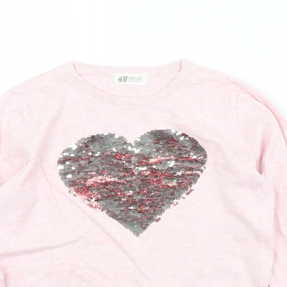 H&M Girls Pink Crew Neck  Cotton Pullover Jumper Size 9-10 Years   - Heart. Sequins