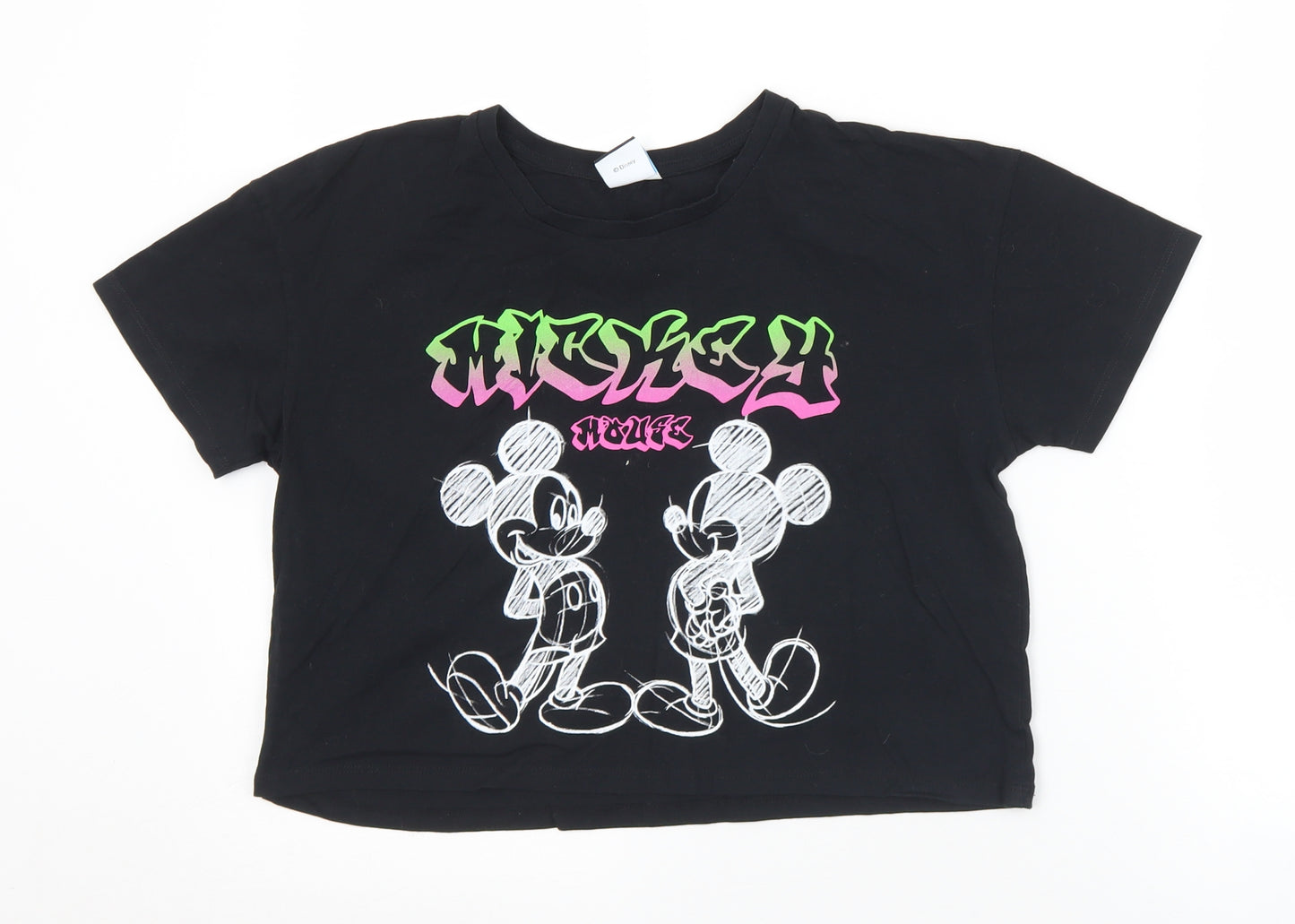 George Girls Black  Cotton Cropped T-Shirt Size 12-13 Years Crew Neck  - Mickey Mouse Disney