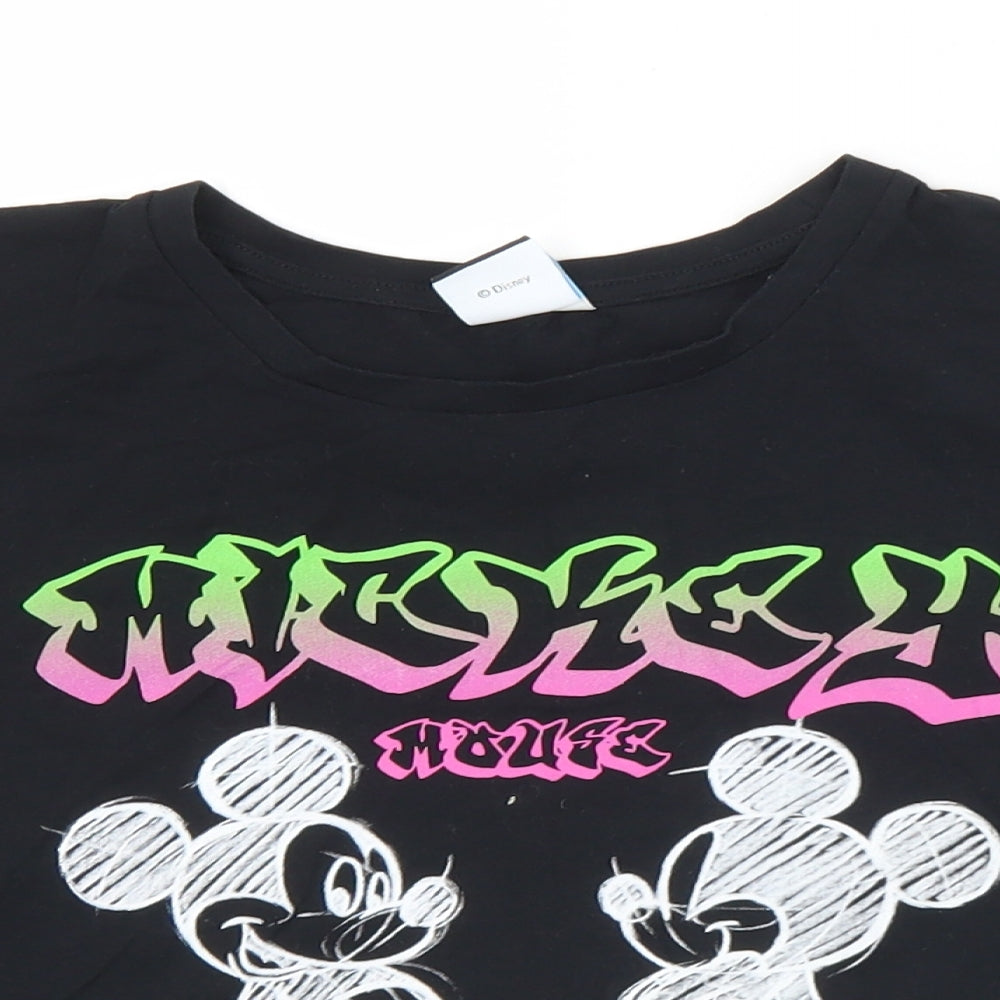 George Girls Black  Cotton Cropped T-Shirt Size 12-13 Years Crew Neck  - Mickey Mouse Disney