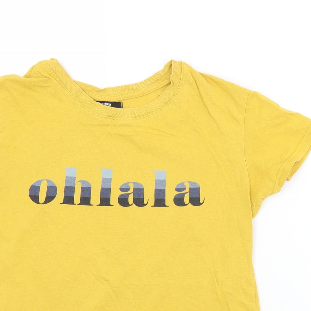 Berska Womens Yellow  Polyester Basic T-Shirt Size XS Crew Neck - Ohlala