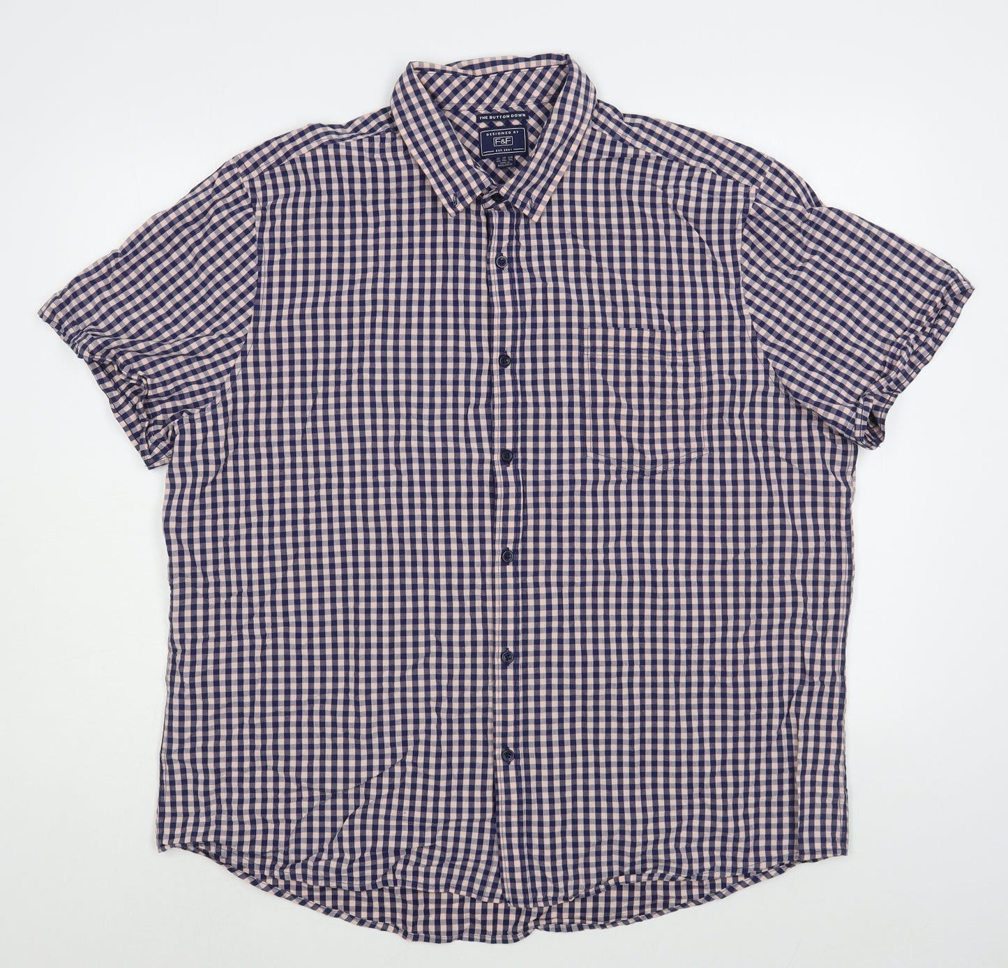 F&F Mens Blue Check Cotton  Button-Up Size 2XL Collared Button