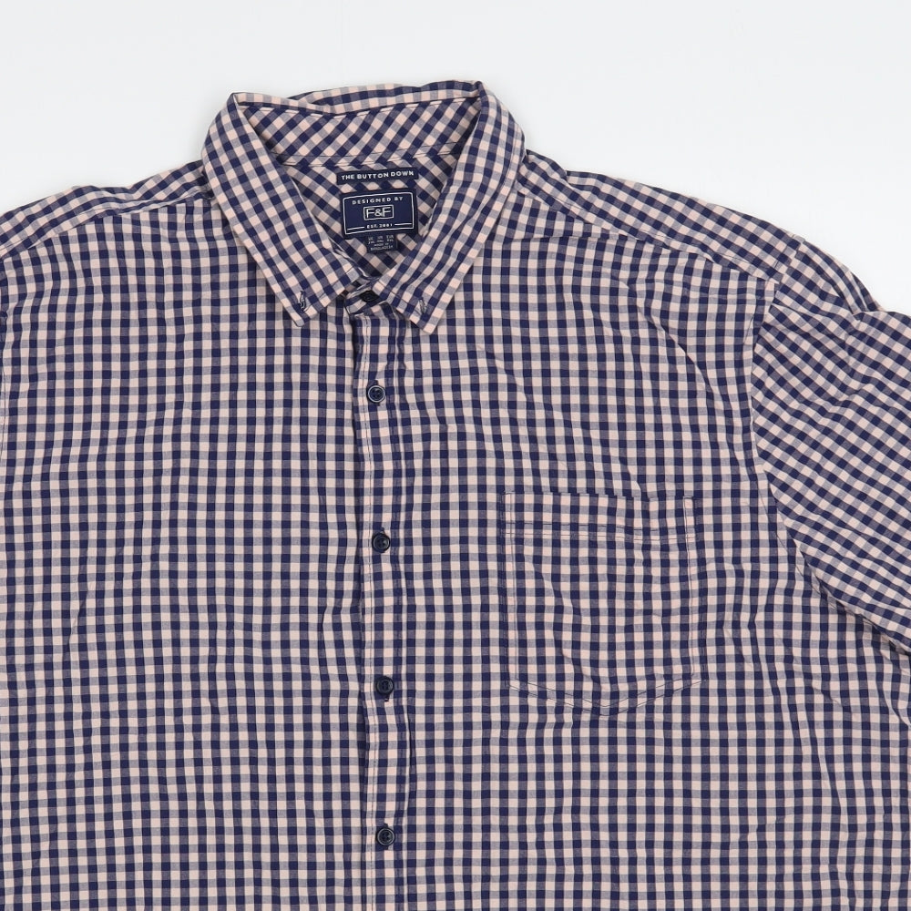 F&F Mens Blue Check Cotton  Button-Up Size 2XL Collared Button