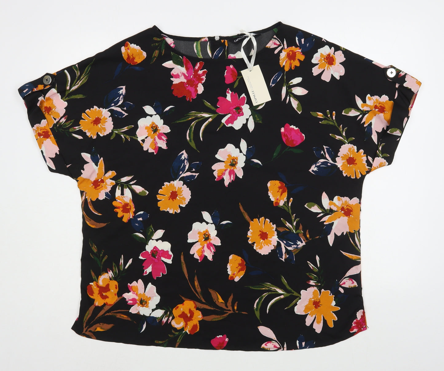 Capsule Womens Black Floral Polyester Basic Blouse Size 16 Boat Neck