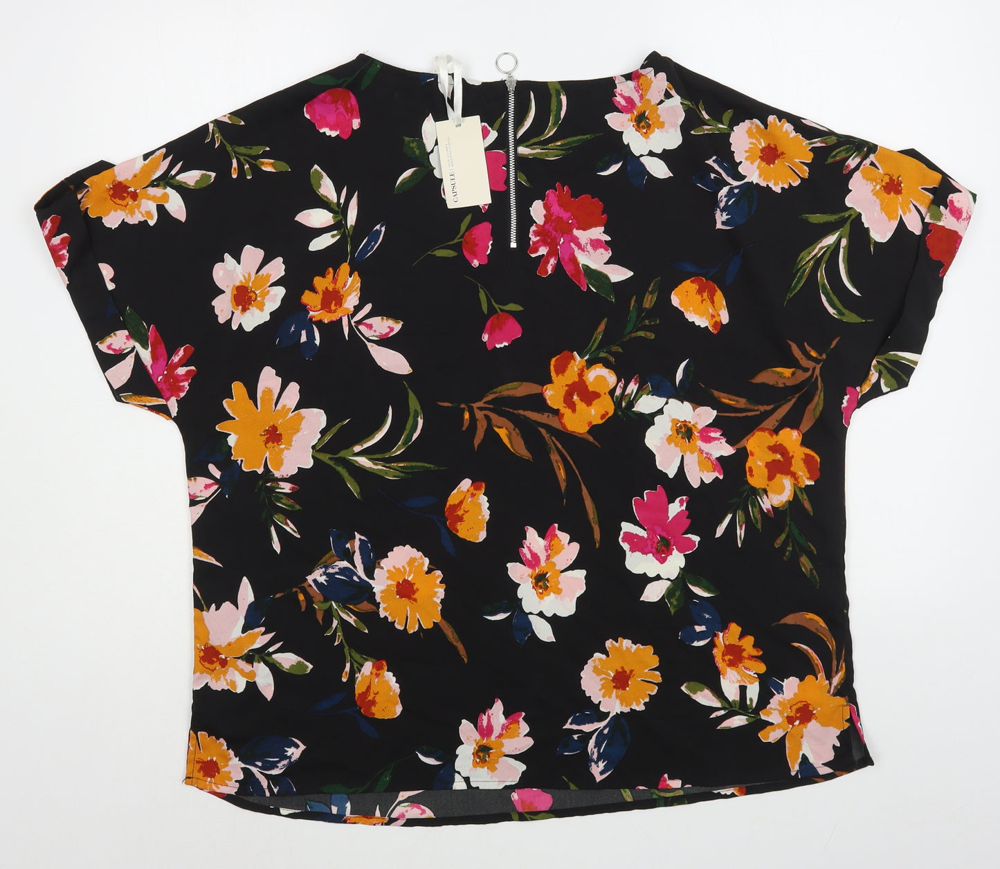 Capsule Womens Black Floral Polyester Basic Blouse Size 16 Boat Neck
