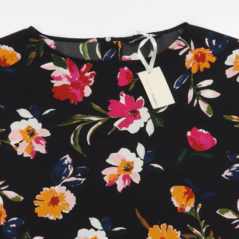Capsule Womens Black Floral Polyester Basic Blouse Size 16 Boat Neck