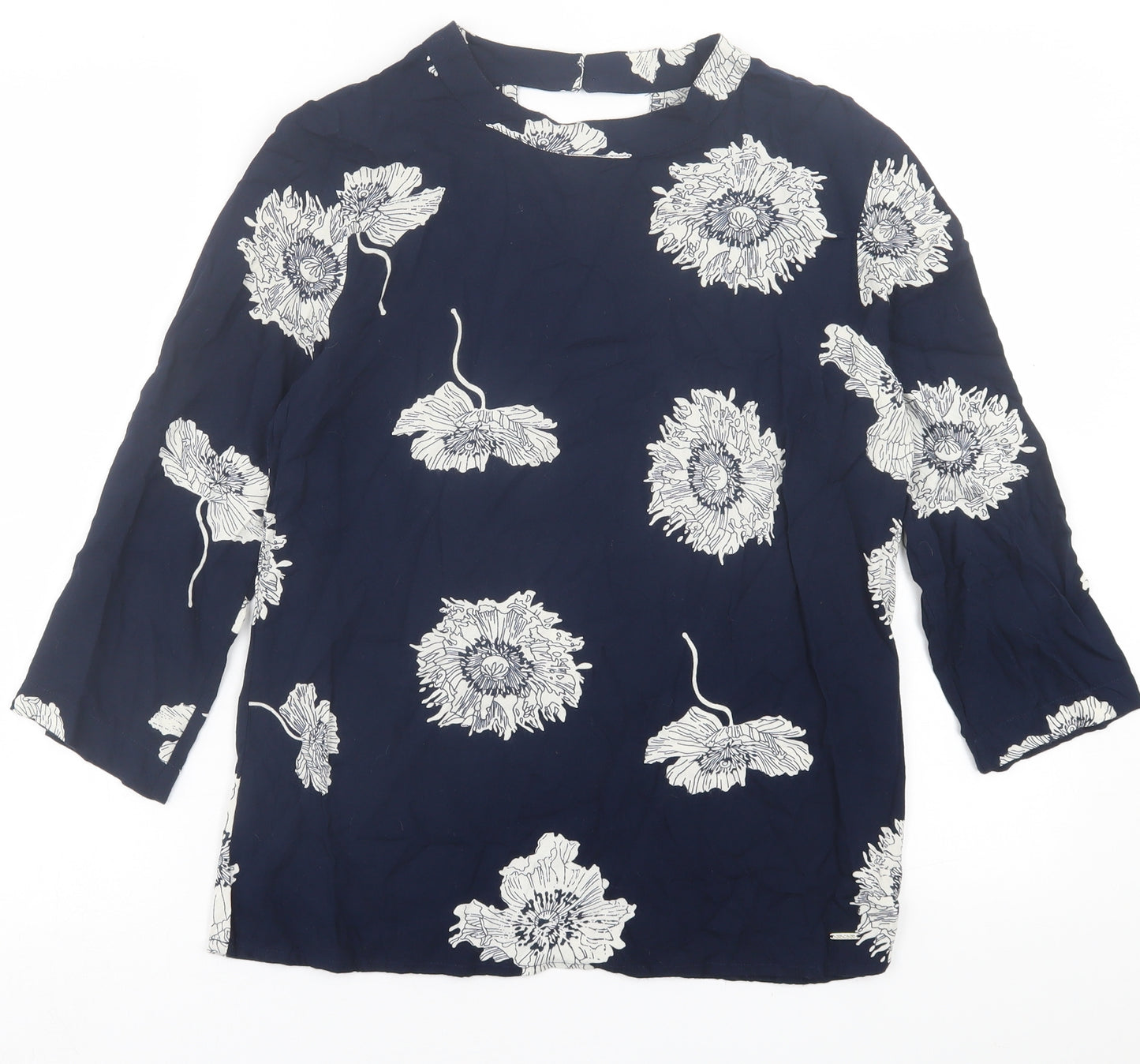 Quiosque Womens Blue Floral Viscose Basic T-Shirt Size 8 Crew Neck