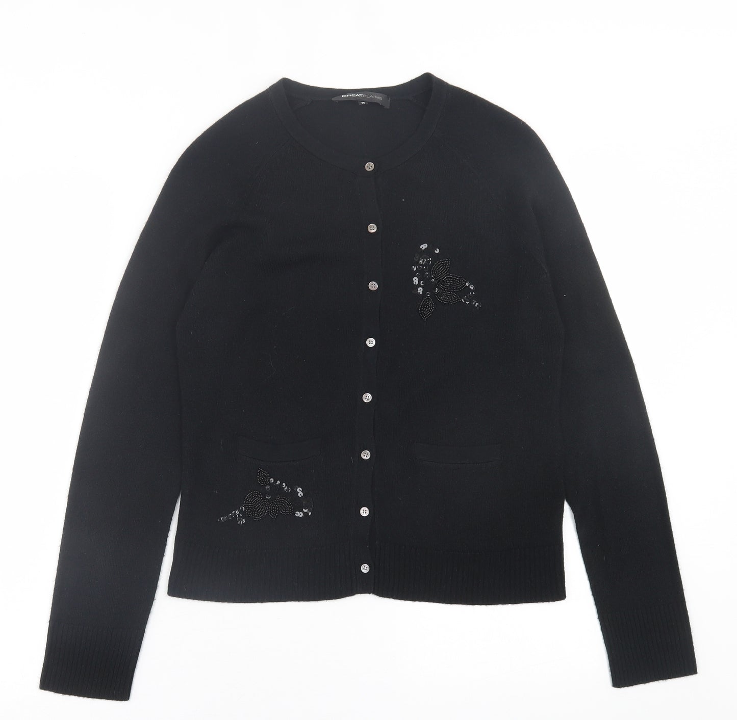 Great Plains Womens Black Crew Neck  Acrylic Cardigan Jumper Size M