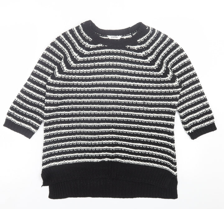 BHS Womens Black Crew Neck Striped Acrylic Pullover Jumper Size 14