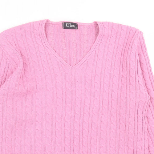 CHIC Womens Pink V-Neck  Acrylic Pullover Jumper Size S