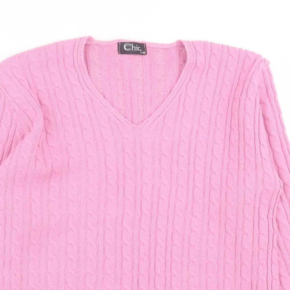 CHIC Womens Pink V-Neck  Acrylic Pullover Jumper Size S