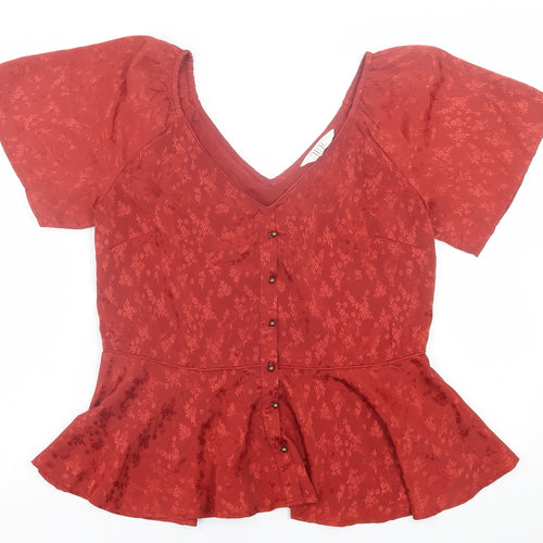 Nine Savannah Miller Womens Red Floral Polyester Basic T-Shirt Size 12 V-Neck