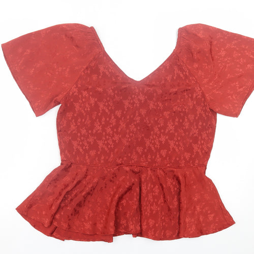 Nine Savannah Miller Womens Red Floral Polyester Basic T-Shirt Size 12 V-Neck