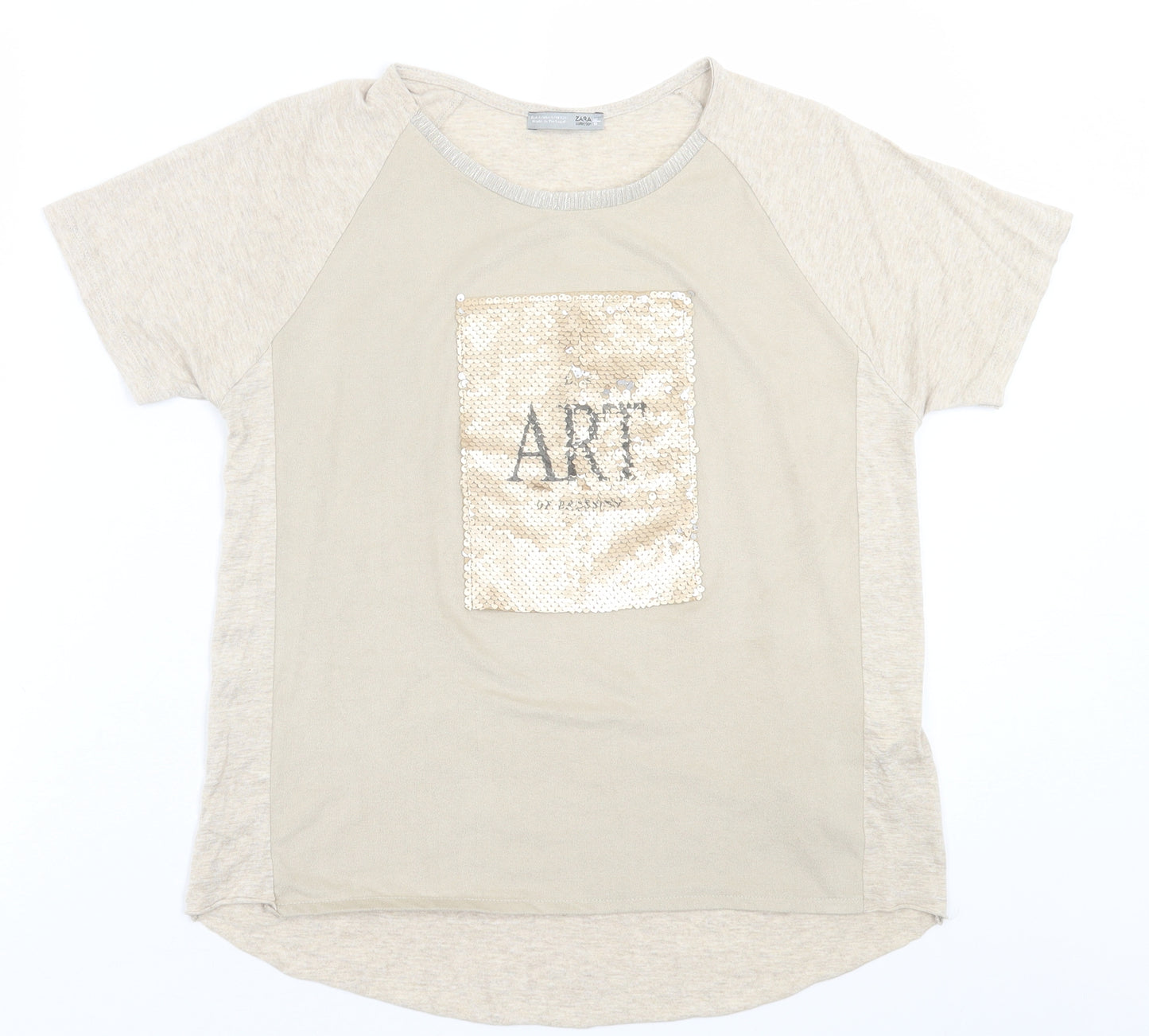 Zara Womens Beige  Polyester Basic T-Shirt Size S Crew Neck
