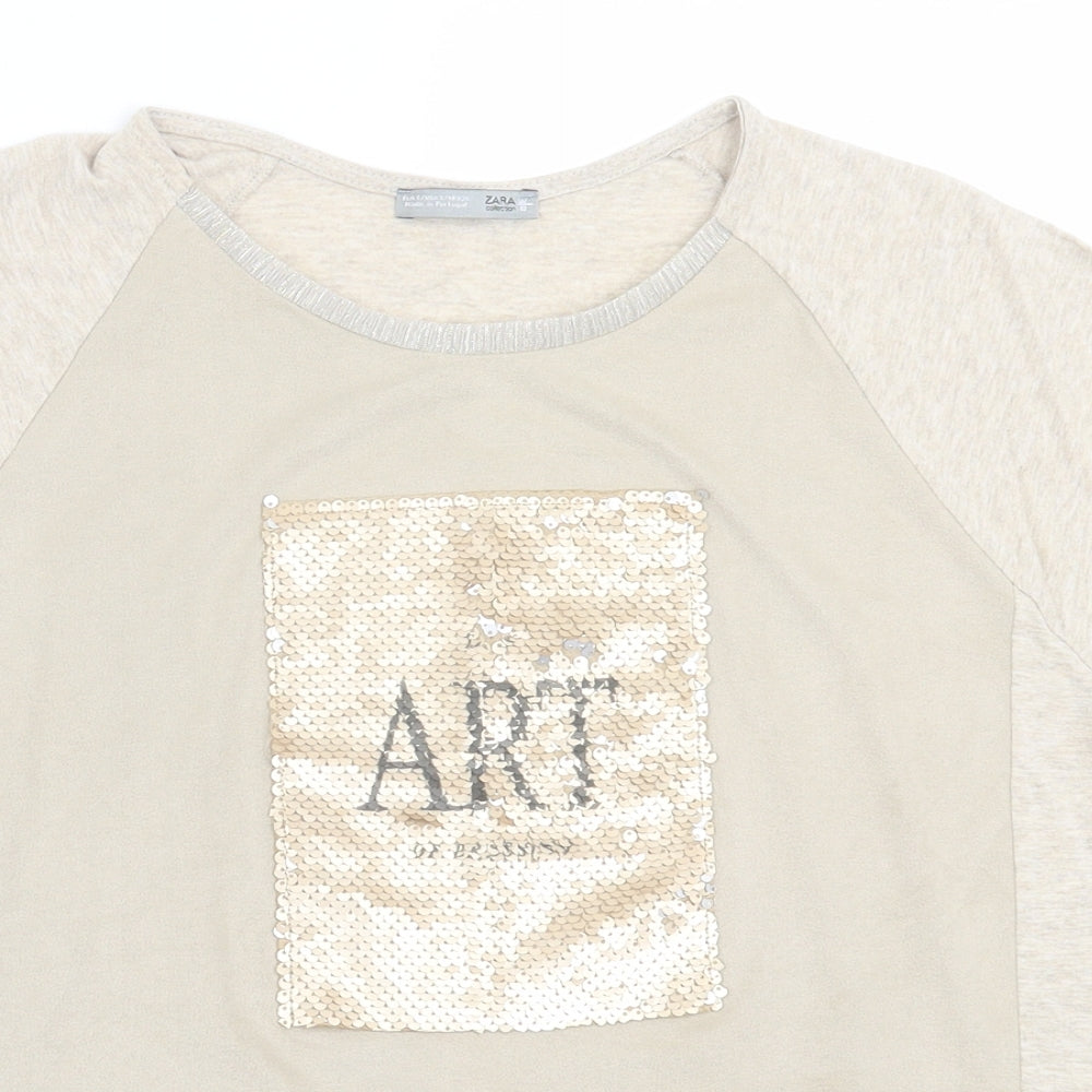 Zara Womens Beige  Polyester Basic T-Shirt Size S Crew Neck