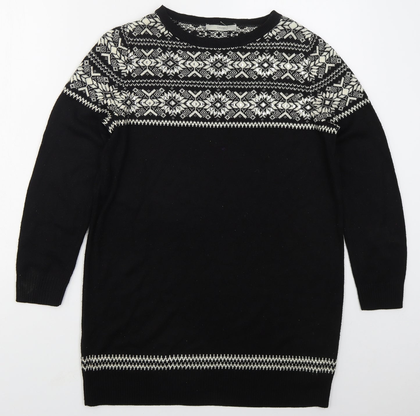 George Womens Black Boat Neck Fair Isle Acrylic Pullover Jumper Size 12