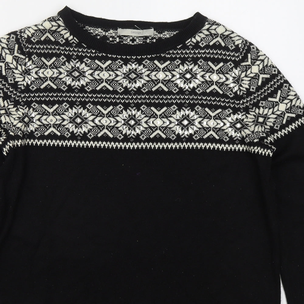 George Womens Black Boat Neck Fair Isle Acrylic Pullover Jumper Size 12