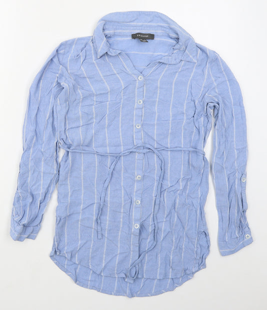 Front view of Primark women’s blue striped viscose basic button-up, size UK 10, collared