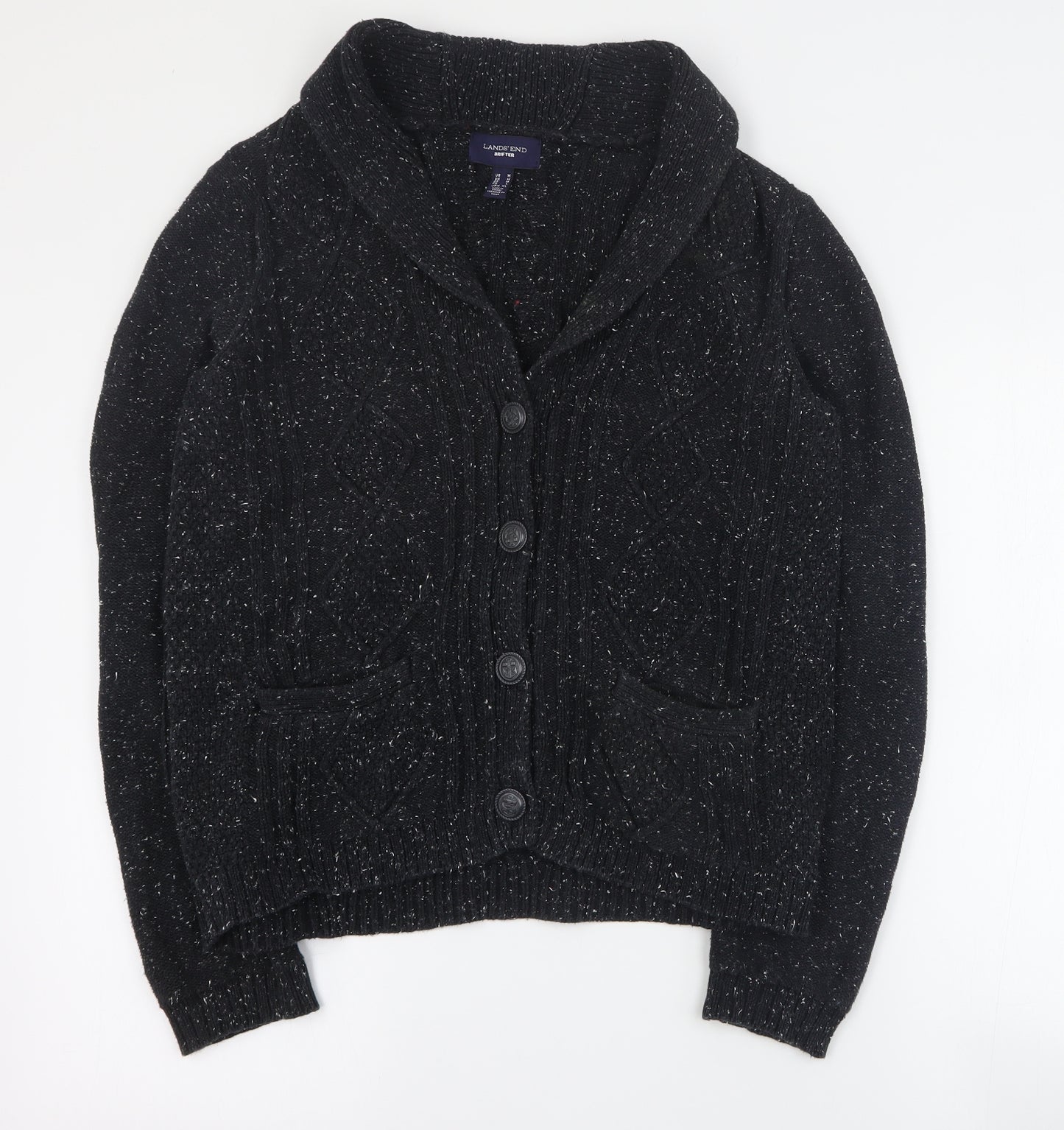 Lands' End Mens Black Collared  Cotton Cardigan Jumper Size M
