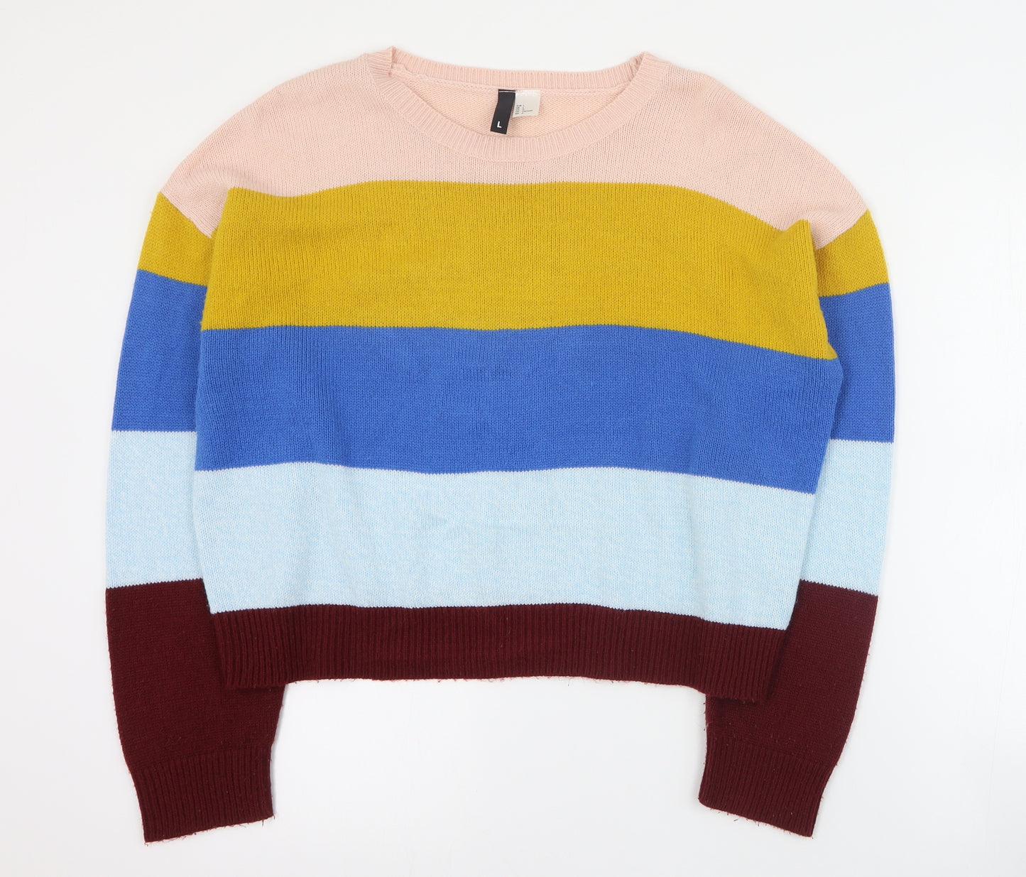 H&M Womens Multicoloured Round Neck Striped Acrylic Pullover Jumper Size L