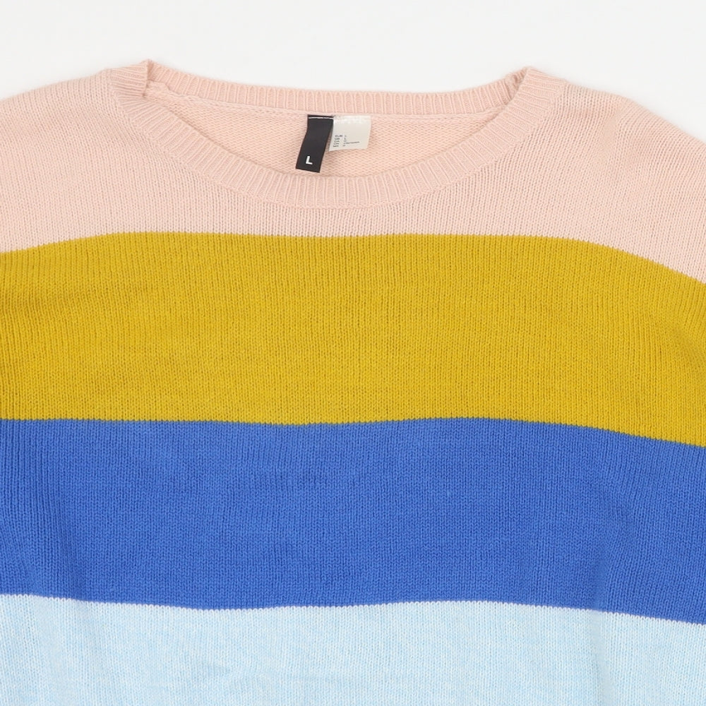 H&M Womens Multicoloured Round Neck Striped Acrylic Pullover Jumper Size L