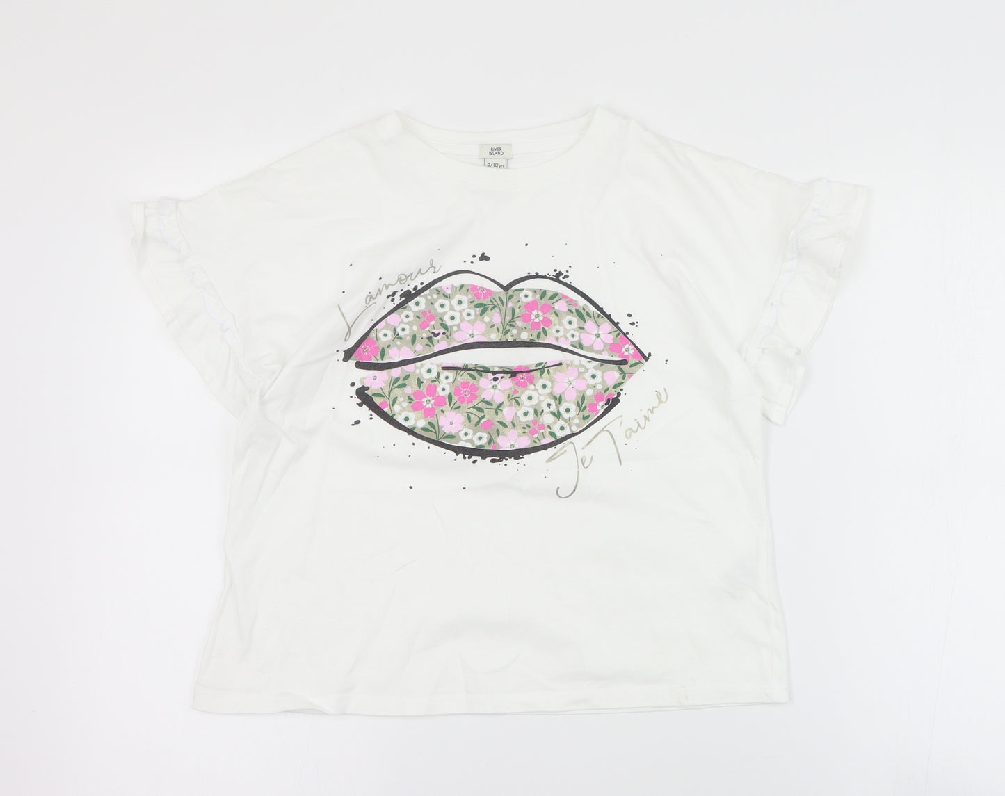 River Island Girls White  Cotton Basic T-Shirt Size 9-10 Years Crew Neck Pullover