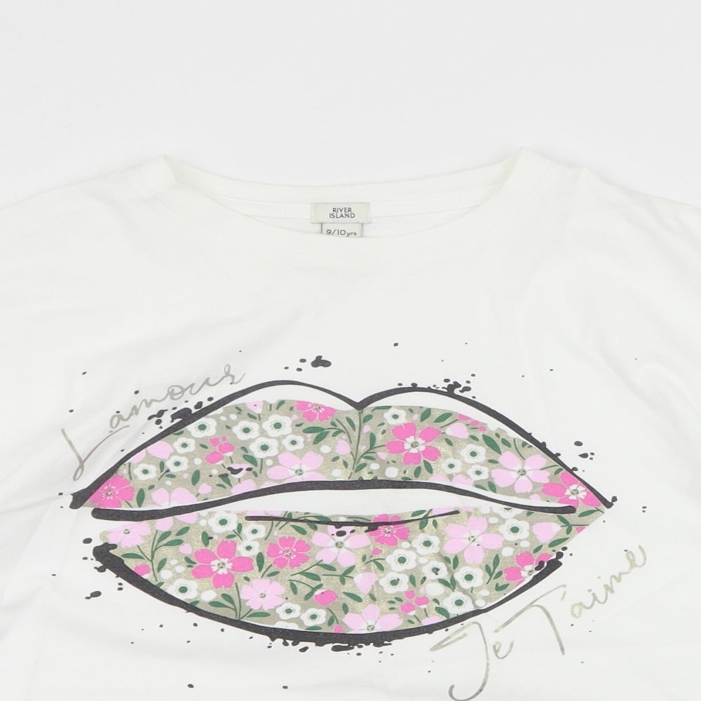 River Island Girls White  Cotton Basic T-Shirt Size 9-10 Years Crew Neck Pullover