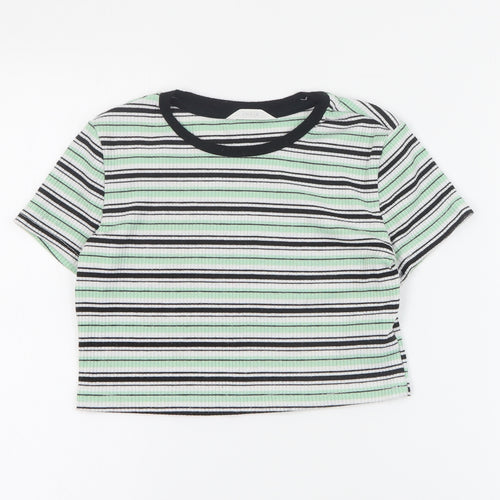 SheIn Girls Green Striped Cotton Basic T-Shirt Size 12 Years Round Neck Pullover - Ribbed