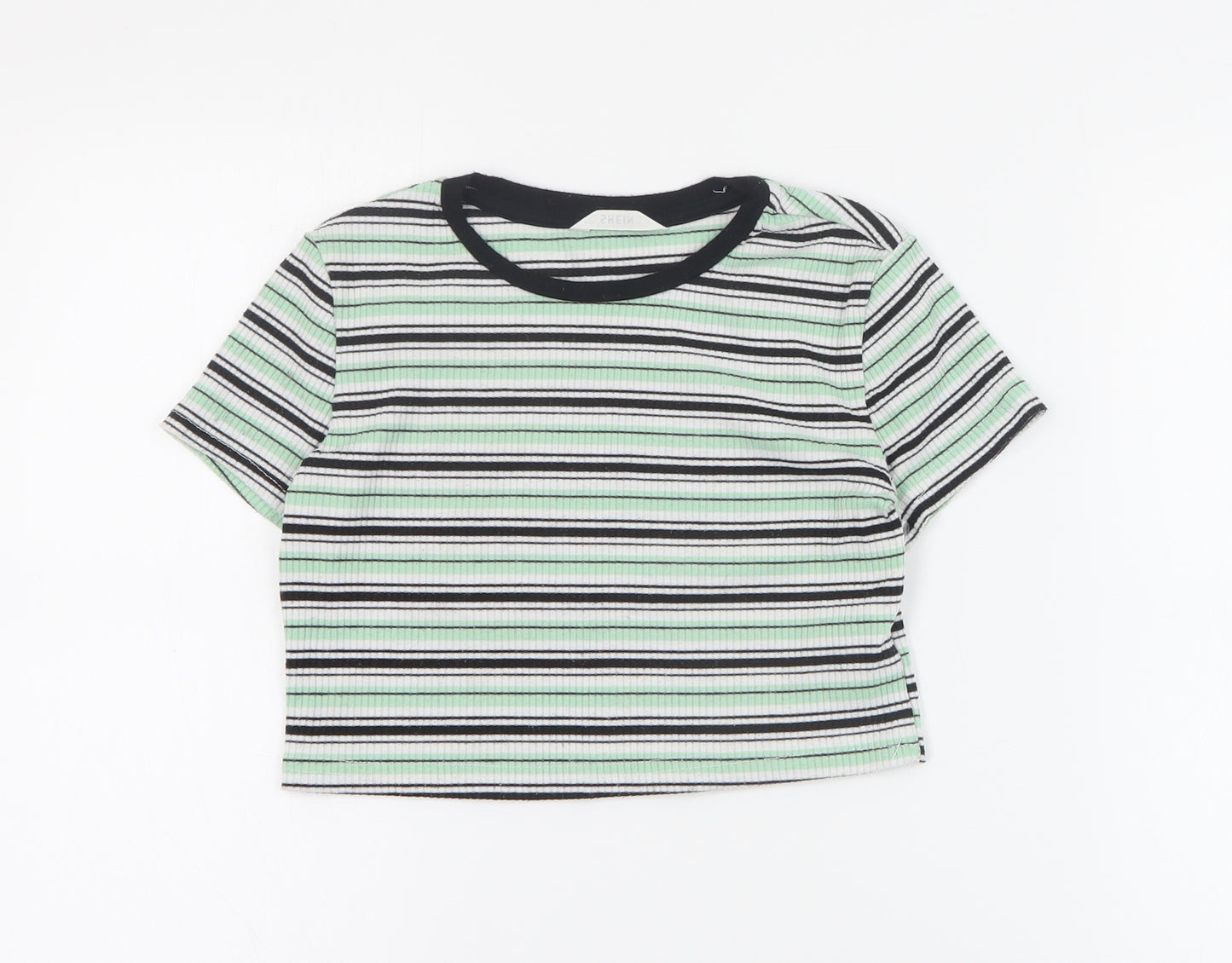 SheIn Girls Green Striped Cotton Basic T-Shirt Size 12 Years Round Neck Pullover - Ribbed