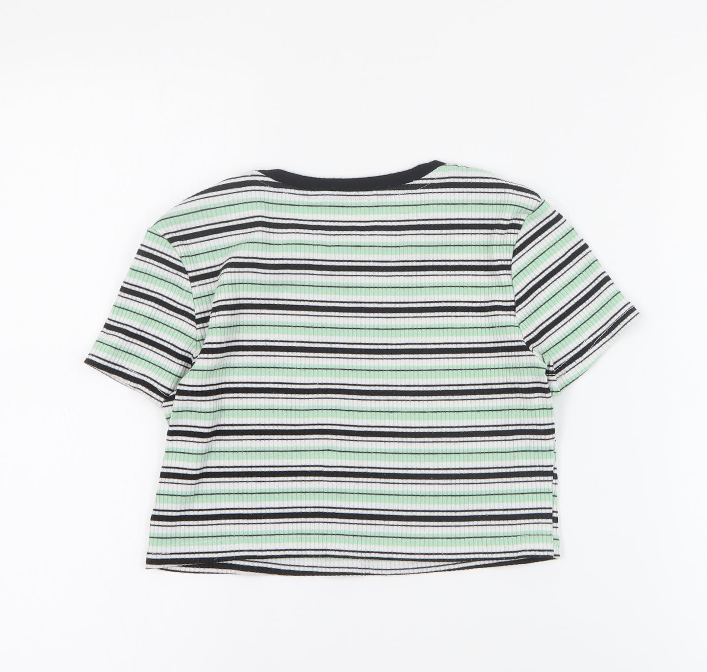SheIn Girls Green Striped Cotton Basic T-Shirt Size 12 Years Round Neck Pullover - Ribbed