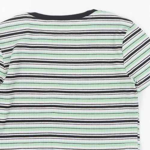 SheIn Girls Green Striped Cotton Basic T-Shirt Size 12 Years Round Neck Pullover - Ribbed
