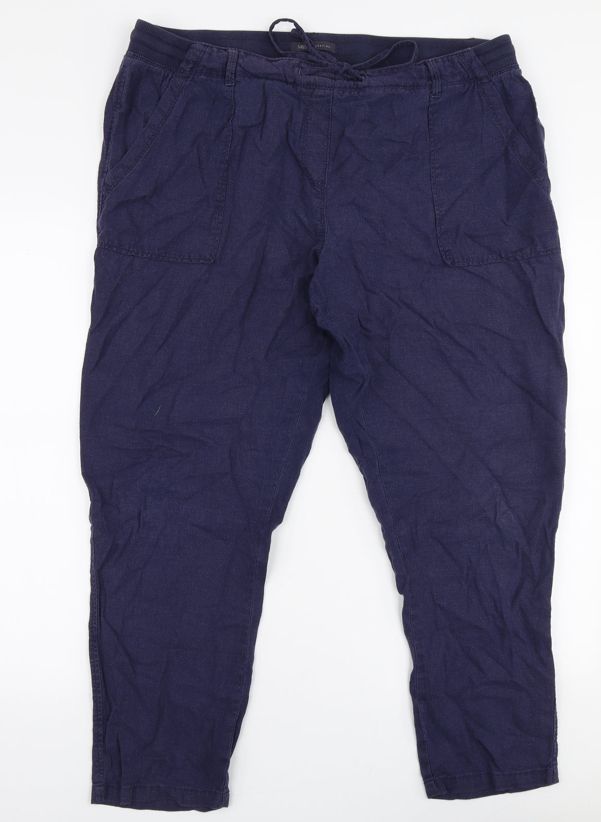 Marks and Spencer Womens Blue  Linen Trousers  Size 18 L26 in Regular Drawstring